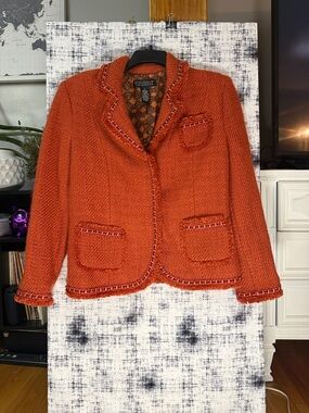 Dialogue Orange Textured Knit Tweed-Trim Blazer